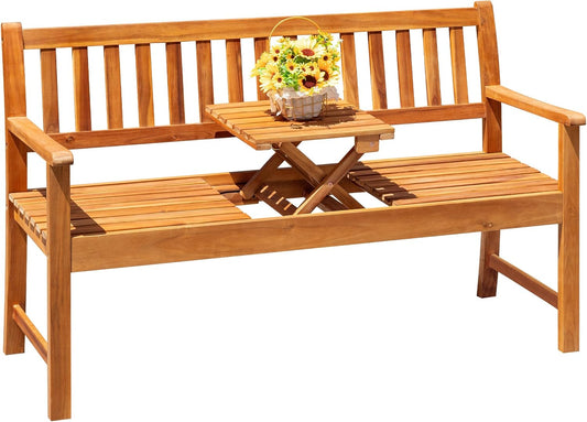 2-Person Outdoor Bench with Pull-Out Table