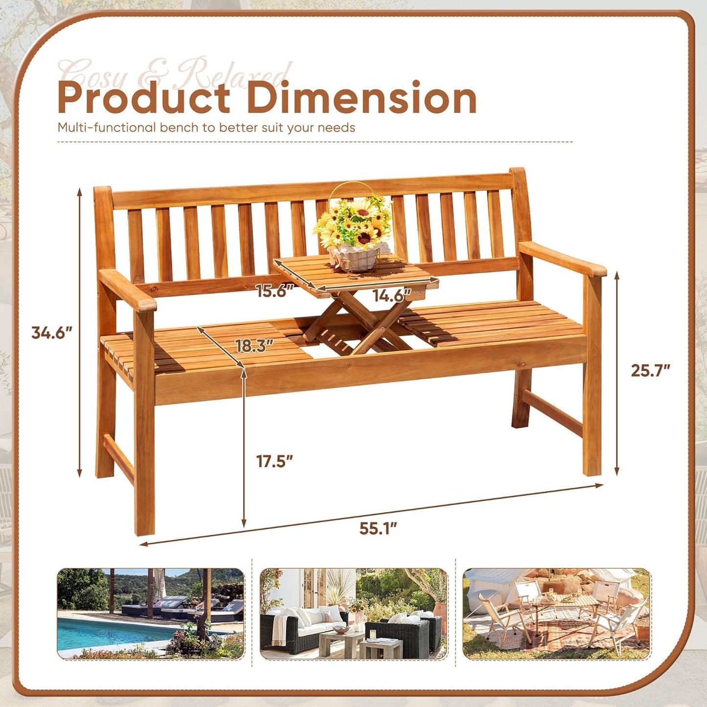 2-Person Outdoor Bench with Pull-Out Table