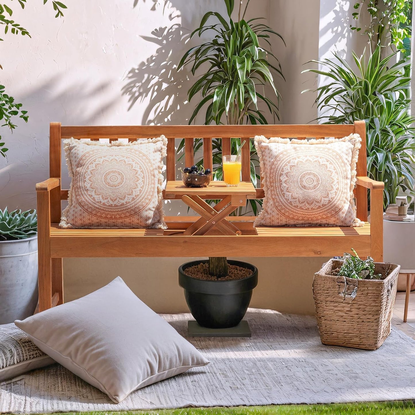 2-Person Outdoor Bench with Pull-Out Table